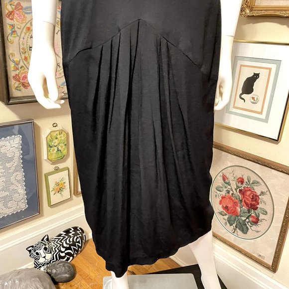 80s Does 40s Phoebe Black Crepe Cap Sleeve Drop Waist Midi Dress with Crochet La - Picture 5 of 8